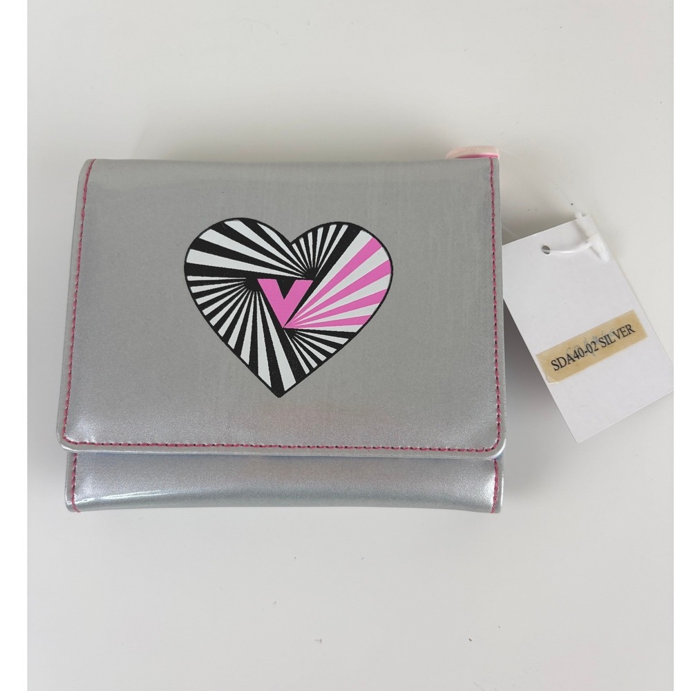 Y2K Silver Metallic Heart Trifold Wallet Pink Blue NWT